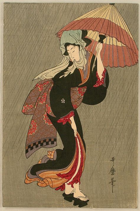 Kitagawa Utamaro  Title:Beauty in the Rain  Date:Originally in Edo era. This re-carved edition was made probably in the early 20th century. Utamaro Kitagawa, Kitagawa Utamaro, Edo Era, Japan Tattoo Design, Japanese Art Prints, Japanese Artwork, Asian Painting, Japanese Illustration, Edo Period