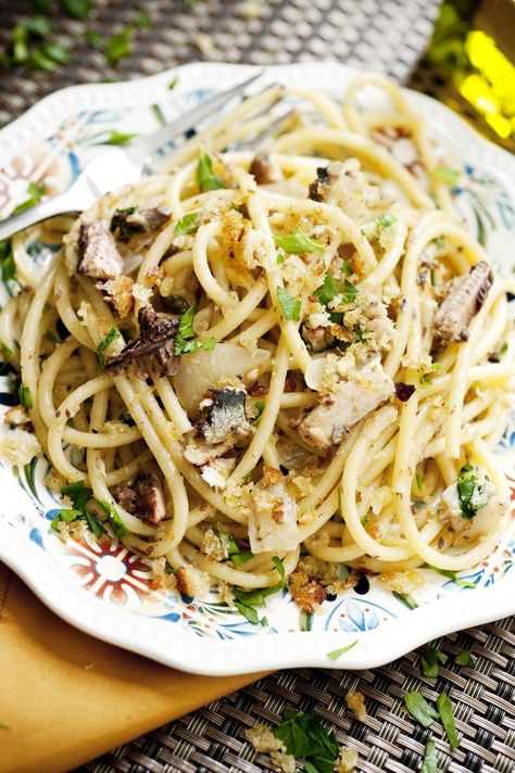 Pasta with Sardines, Bread Crumbs, & Capers Sardines Pasta, Pasta With Sardines, Sardine Pasta, Capers Recipe, Sardine Recipes, Mark Bittman, Smoked Fish, Seafood Pasta, Drying Pasta