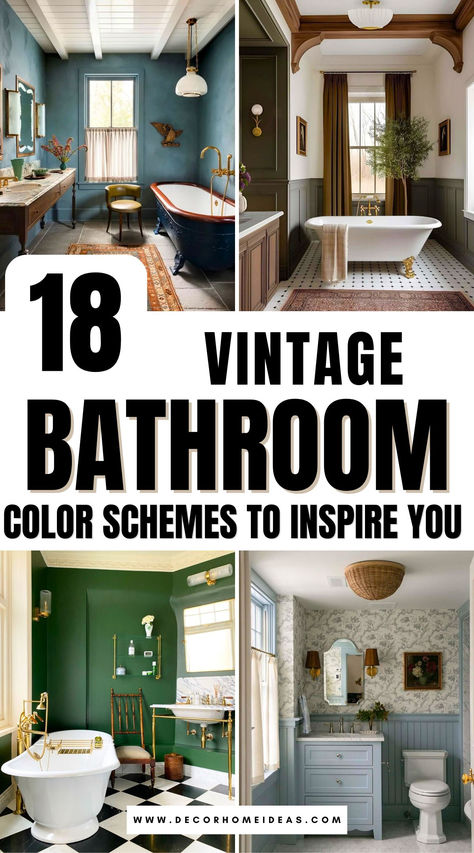 Step into the past with 18 vintage-inspired bathroom color combinations that exude timeless charm! Explore palettes that pair soft pastels, bold contrasts, and retro hues to create a nostalgic ambiance. Discover how these classic combos can give your bathroom a unique, old-school vibe. Jade Bathroom Ideas, Dark Green Vintage Bathroom, Green Bathroom White Tiles, Color Drench Small Bathroom, Color Saturated Bathroom, 1925 Bathroom, Pink And Green Bathroom Ideas, Light Academia Bathroom, Color Drench Bathroom