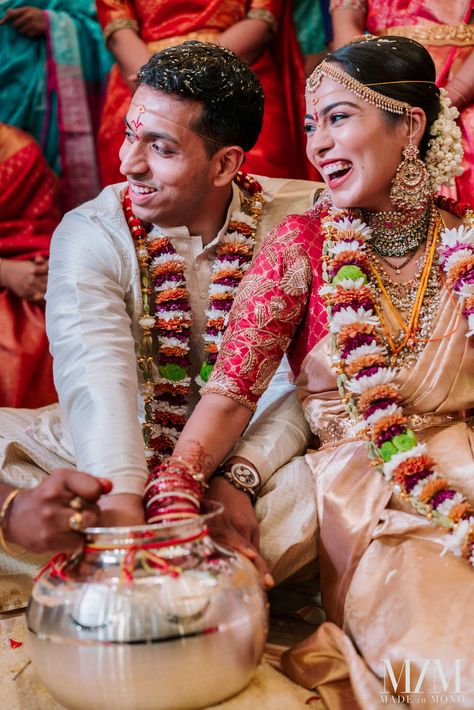 A Traditional Wedding With The Bride In A Gorgeous Silk Saree | WedMeGood South Indian Wedding Pictures, Muhurtham Poses, Telugu Wedding Photography, Shaadi Aesthetic, Couple Dressing, Wedding Candids, Indian Wedding Pictures, Couple Aesthetics, Flower Garland Wedding