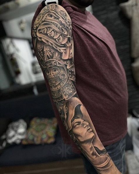 30 Of The Best Aztec Tattoos For Men in 2024 | FashionBeans Aztec Arm Tattoo, Aztec Gods Tattoo, Mexican Tattoo Ideas For Men, Aztec Tattoo Mexican, Aztec Warrior Tattoo, Aztec Tattoos Sleeve, Warrior Tattoo Sleeve, Bicep Tattoo Men, Aztec Symbols