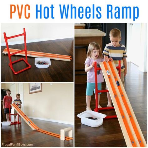 This fun ramp will take your Hot Wheels race tracks to a whole new level – literally!  The boys love building Hot Wheels tracks on the hard floor, but it’s challenging to keep a ramp from sliding across the floor.  Here’s a simple solution that will get played with again and again! The design of...Read More » Diy Hot Wheels Ramp, Diy Race Track For Kids, Diy Hot Wheels Track, Cars Decorations Party, Hot Wheels Diy, Hot Wheels Race Track, Cars Decorations, Car Ramp, Car Wheels Diy