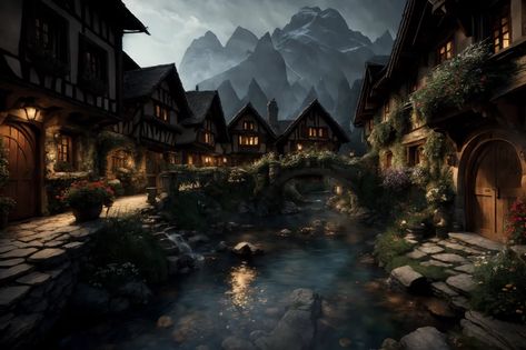 The image is a streetscape of a fantasy village. The village is located in a valley between two mountains. The houses are built with dark wood and have steep roofs. The streets are made of cobblestone. There is a river running through the middle of the village. The river is spanned by a bridge. There are trees and flowers on both sides of the river. The sky is cloudy and there is a mist in the air. The image is in a dark and moody style. Dark Fantasy Village, Moody Style, Fantasy Village, Trees And Flowers, Cobblestone Streets, Dark And Moody, A Bridge, Fantasy Inspiration, Stables