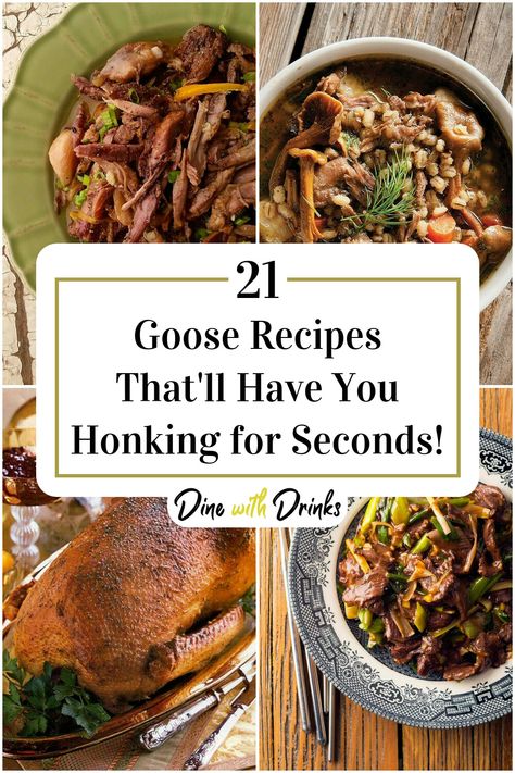 Collage of 4 goose recipes. Slow Cooker Goose Recipes, Christmas Goose Recipes, Goose Meat Recipes, Wild Goose Breast Recipes, Geese Recipes, Goose Recipes Wild, Goose Breast Recipes, Goose Breast Recipe, Roast Goose Recipes