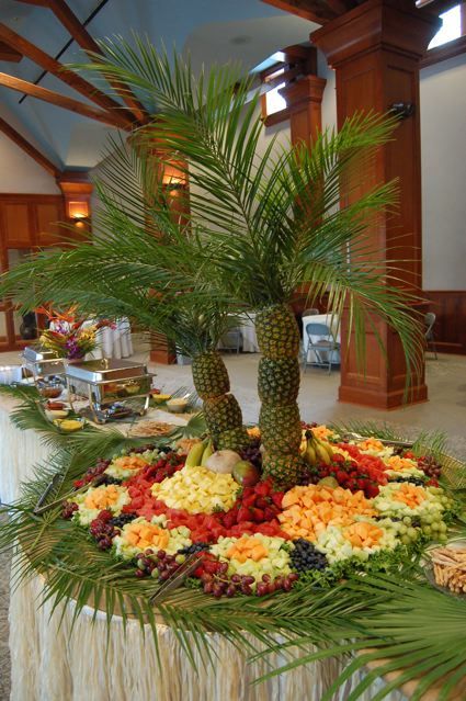 Tropical Fruit Arrangement, Caribbean Buffet Ideas, Haitian Party Decorations, Luau Buffet Table Ideas, Caribbean Party Decor, Hawaiian Buffet Table Ideas, Hawaiian Dessert Table, Luau Wedding Reception, Hawaiian Buffet