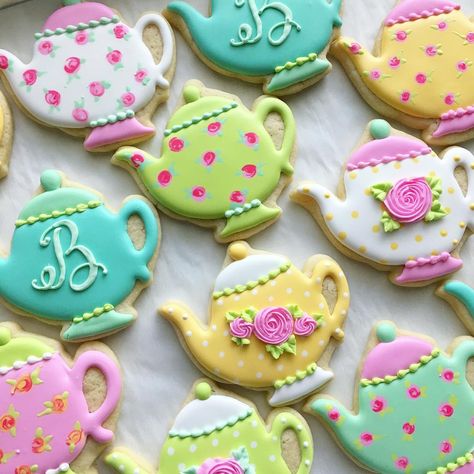 No photo description available. Tea Party Sugar Cookies, Bridal Shower Cookie Favors, Tea Party Cookies, Tea Cup Cookies, Teapot Cookies, Tea Party Favors, Bridal Shower Cookies, Princess Tea Party, Sugar Cookie Designs