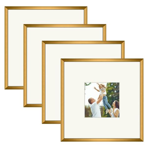 PRICES MAY VARY. Package Includes: Set of four 8 x 8 metal photo frames with mat. Vintage bronze frames in simple design, great for home or office decor Can Display: Each 8x8 picture frame includes a removable mat (opening size: 3.5 x 3.5 inch), fits 4x4 square photo print (with mat) or 8 x 8 square photo (without mat) High Quality: The 8 by 8 photo frame is made of Aluminum Metal Frame and Real Glass. The glass front is Glued into the frame to make the whole stronger and durable for use Easy to Navy Picture Frames, Amazon Frames, Gold Picture Frame Wall, Hallway Picture Display, Amazon Picture Frames, Gallery Wall Examples, Gold Frame Gallery Wall, Gold Gallery Wall, Gallery Wall Template