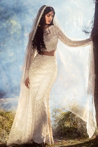 Buy Gold Blouse Net Embellished Mirror V Neck Gota Work Bridal Lehenga Set For Women by Abhinav Mishra Online at Aza Fashions. Grey Lehenga, Baju Kahwin, White Lehenga, Tulle Embroidery, Ivory Skirt, Ivory Blouse, Green Tulle, Bridal Lehenga Red, Gold Blouse