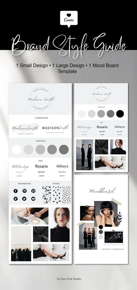 Brand Style Guide and Mood Board Design Template Canva Brand | Etsy Serbia Kombinasi Font, Branding Mood Board Inspiration, Mood Board Fashion Inspiration, Style Guide Template, Brand Board Template, Business Fonts, Business Branding Inspiration, Boutique Logo Design, Style Guide Design