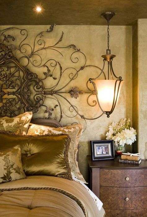 Mediterranean Bedroom Design, Luxurious Master Bedrooms, Style Toscan, Robeson Design, Mediterranean Bedroom, Wrought Iron Decor, Tuscan Design, Tuscan House, Craftsman Style Homes