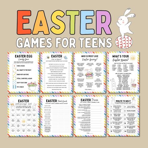 Make your Easter party for teens a memorable one with this ultimate game set! Packed with excitement, it features classic favorites like Would You Rather, Easter Trivia, Scattergories and Charades. Plus, add extra fun with the selfie scavenger hunt and Easter Scattergories. Don't forget about Bonus Games for entire family! Get ready for endless laughs and magic-filled moments that your teens won't forget! Teen Easter Hunt Clues, Easter Egg Hunt For Teens, Easter Games For Teens, Easter Activities For Teens, Indoor Easter Games, Easter Scavenger Hunt For Teens, Indoor Egg Hunt, Easter Charades, Easter Riddles