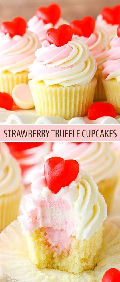 These Strawberry Truffle Cupcakes are moist vanilla cupcakes filled with strawberry truffle filling, topped with white chocolate buttercream! Truffle Cupcakes, Easy Strawberry Dessert, Truffle Filling, Creative Sweets, Strawberry Truffle, Moist Vanilla Cupcakes, Easy Strawberry Desserts, Amazing Cupcakes, Funfetti Cupcakes