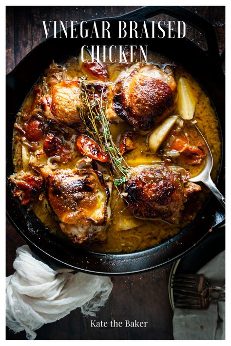 Chicken Thighs With Potatoes, Potatoes And Tomatoes, Braised Chicken Recipes, Chicken Crisps, Vinegar Chicken, Braised Chicken Thighs, Main Course Dishes, Crispy Pork, Savory Dishes