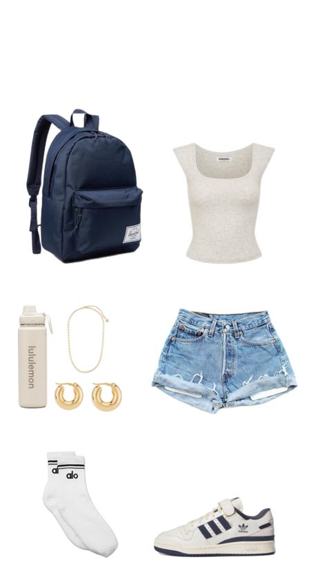 school, inspo, outfit, outfit inspo, school outfit inspo, summer, first day of school, navy outfit, outfit with jean shorts, adidas, shoes, Alo socks, gold jewelry, water bottle, lulu lemon water bottle Lulu Lemon Water Bottle, Outfit With Jean Shorts, Alo Socks, Lemon Water Bottle, Outfit Inspo School, Jean Short Outfits, School Shorts, Summer School Outfits, Shorts Adidas