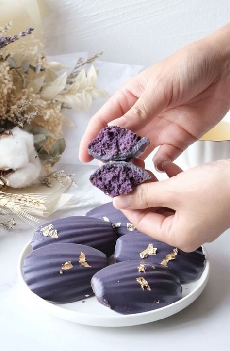 Ube Madeleines Recipe, Holiday Madeleines, Stuffed Madeleines, Decorated Madeleines, Ube Madeleines, Easy Filipino Desserts, Dainty Cakes, Madeleines Recipe, Purple Desserts