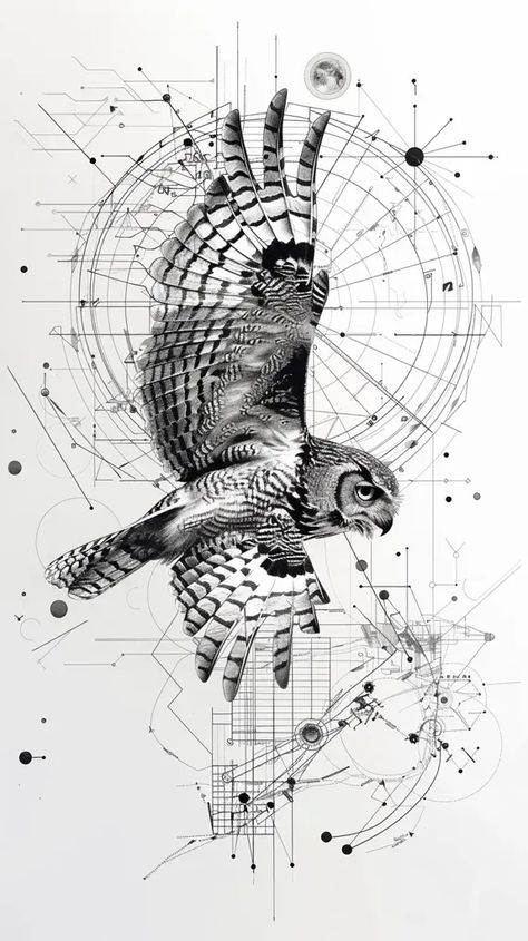 Full Color Image in ai-img-gen.com 🔸 The image is a black and white drawing of an owl flying through a complex geometric pattern. The owl... 🔸 From Midjourney AI Image Flying Owl Illustration, Owl Flying Drawing, Static Nature, Drawing Of An Owl, Geometric Owl Tattoo, Owl Flying, Art Inspired Tattoos, Fly Drawing, Flying Owl