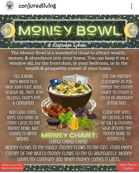 Money Bowl Ingredients, Money Bowl Spell Ingredients, Money Bowls, Money Powder, Money Oil Recipe, Prosperity Bowl, Money Bowl, Money Spells Magic, Hoodoo Magic