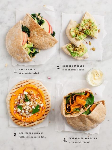 Change up your desk lunch game with these easy pita recipes! With 4 delicious and healthy vegetarian options, your lunch will never be boring. Ideas include kale & apple salad, smashed avocado, hummus, and carrot-quinoa salad. | Love and Lemons #mealprep #vegetarian #lunch Pita Lunch Ideas, Vegetarian Pita, Sandwich Vegetarian, Pita Recipes, Gourmet Sandwiches, Inexpensive Meals, Think Food, Pita Bread, Vegetarian Food