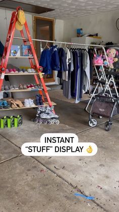 Donation Yard Sale, Garage Sale Shoe Display, Garage Sale Displays, Diy Clothing Rack For Garage Sale, Diy Garage Sale Clothes Rack, Display Clothes At Yard Sale, Garage Sale Clothes Rack Ideas, How To Hang Clothes At A Yard Sale, Yardsale Setup Ideas