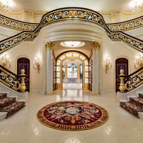 ~ One of America's Most Expensive Homes ~ architecturaldigest.com Carpeted Steps, Florida Mansion, Foyer Staircase, Beige Floor, Beach Mansion, Jeezy, Grand Foyer, Mansion Interior, Expensive Houses