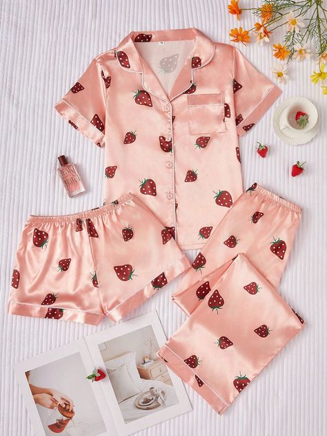 3pcs Women's Contrast Trimmed Imitation Silk Strawberry Printed Pajama Set Coral Orange Cute,Casual-Woman    Fruit&Vegetable Pant Sets Non-Stretch Summer Women Sleep & Lounge, size features are:Bust: ,Length: ,Sleeve Length: Shein Pajama Pants, Cute Pjs Silk, Cute Pjs Christmas, Pjs Outfits Aesthetic, Orange Pjs, Strawberry Pjs, Cute Pyjama Aesthetic, Fun Pajamas Women, Cute Pjs Aesthetic