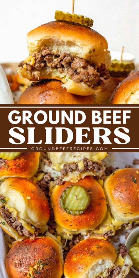 Serve this easy appetizer for a party! Ready in 30 minutes, these slider sandwiches are also a perfect weeknight dinner recipe. You can't go wrong with these oven baked ground beef sliders that are hearty and filling! Cheesy Sliders, Sliders For A Crowd, Sliders Recipes Hamburger, Ground Beef Burger Recipe, Hamburger Dinner Ideas, Ground Beef Sliders, Sliders Recipes Beef, Hamburger Sliders, Beef Sandwich Recipes