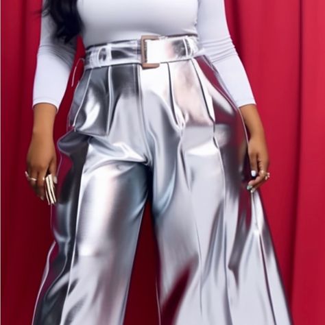 Xpluswear Design Plus Size Daily Pants Casual Silver Wide Leg Metallic Glitter Fabric Pants Silver Wide Leg Pants Outfit, Sequin Pants Outfit Plus Size, Sequins Pants Outfit, Metallic Jumpsuit, Metallic Fashion, Matching Pants Set, Silver Outfits, Metallic Jumpsuits, Wide Leg Pants Outfit