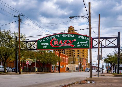 Mineral Wells' "Home of Crazy" Sign Back After 62 Years | Texas Highways Dallas Aesthetic, Mineral Wells Texas, Water Hotel, Mineral Wells, Porcelain Signs, Old Signs, Historical Landmarks, Sign Lighting, Travel News