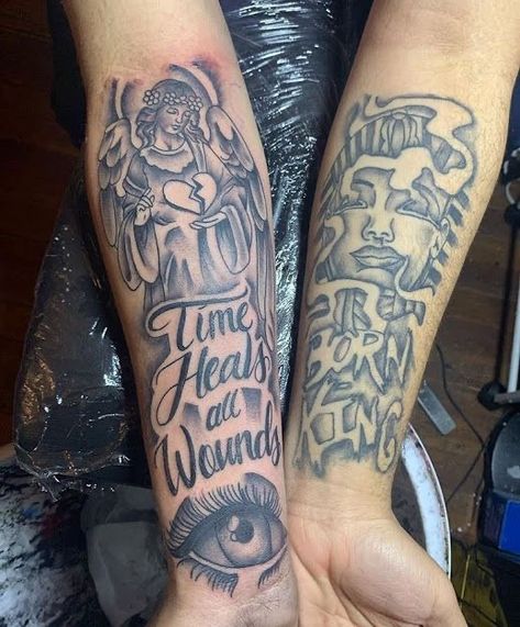 Time Heal All Wound Tattoo, For Hand Tattoo Men, Trust No One Tattoo Ideas For Men, Time Heals All Wounds Tattoo, Calf Sleeve Tattoo Men, The World Is Yours Tattoo, Calf Sleeve Tattoo, Arm Tattoos Black, Forearm Tattoo Quotes