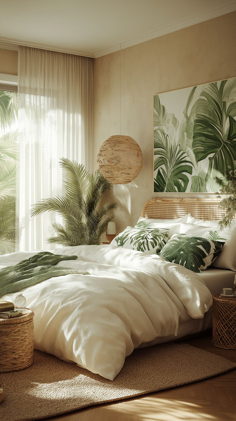 Immerse yourself in this tropical chic bedroom featuring soothing pastel tones, natural textures, and soft natural light. The balanced layout includes a crisp white bed with muted green and earthy-tone pillows, a textured feature wall adorned with tropical-inspired art, and warm wooden accents. Lush potted palms enhance the tropical atmosphere, while the woven rug and rattan elements add warmth and comfort. #TropicalChic #BedroomDecor #NaturalTextures #HomeInspo #TropicalVibes Tropical Boho Home Decor, Tropical Master Bedrooms Decor, White Earthy Bedroom, Planty Bedrooms Aesthetic, Retro Tropical Aesthetic, Tropical Bedroom Ideas Caribbean, Tropical Guest Bedroom, Tropical Hotel Room, Neutral Bedroom Decor Earth Tones