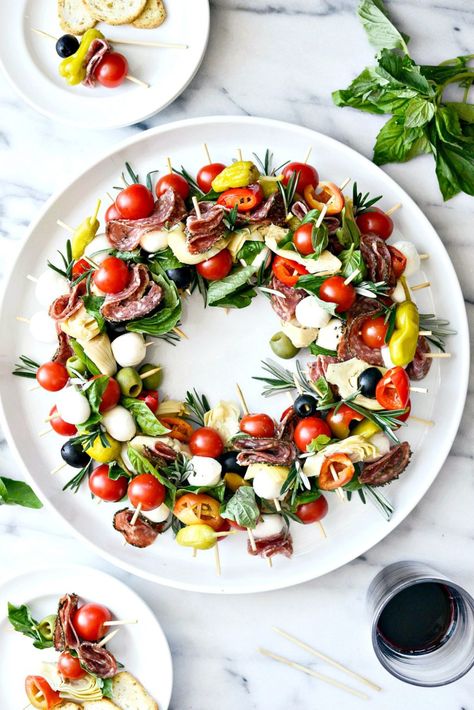 Holiday Antipasto Wreath - Simply Scratch Antipasto Wreath, Antipasto Skewers, Christmas Appetizer, Christmas Dinner Plates, Skewer Appetizers, White Plate, Holiday Appetizers, Christmas Appetizers, Party Food Appetizers