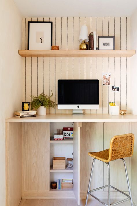 desk with shallow cabinet to hid wires diy, hacks anne sage shallow cabinet Counter Height Desk, Minimalist Office Design, Shallow Cabinets, Oak Bookshelves, Woven Wood Shades, Bleached Wood, California Closets, Minimalist Office, Bookshelf Design