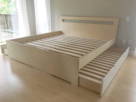 Tofino Hotel King Size Bed With 2 Twin Size Trundle Beds Underneath - Etsy Philippines Queen Trundle Bed, King Size Bed Designs, Modern Queen Bed, Cama Queen Size, Twin Trundle Bed, Hotel King, Twin Trundle, Cama King Size, Bed Shelves