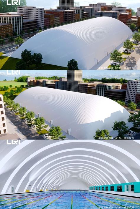 The Air-supported structure is covered with a membrane to form a closed environment. Slightly higher air pressure inside the dome supports the entire structure, no need for supports inside, like a bubble. It consists of three layers of fabric, the inner fabric, middle insulation, and outer membrane, which can achieve the effect of heat preservation in winter and heat insulation in summer. It's a good solution for indoor swimming pools. Sports Tent, Sports Stadium, Support Structure, Indoor Swimming, Indoor Swimming Pools, Air Pressure, Insulation, Sydney Opera House, Swimming Pools