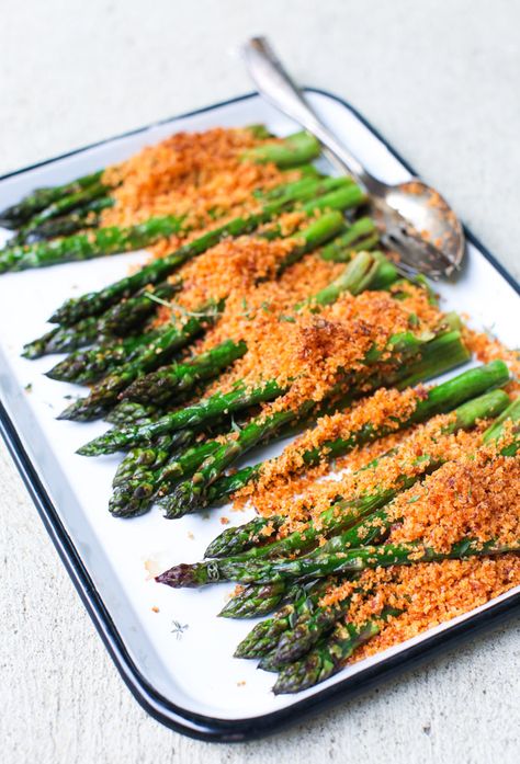 Roasted Asparagus with Harissa Brown Butter Breadcrumbs || Simple Bites Open Air Market, Cream Of Asparagus Soup, Creamed Asparagus, Light Pasta, Roasted Radishes, Sheet Pan Suppers, Chop Chop, Veggie Tales, Eat Seasonal