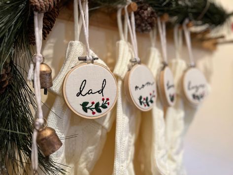 Christmas Stocking Tags Christmas Stocking Name Tags Embroidered, Grandchildren Christmas Ornaments, Christmas Name Tag Ideas, Hand Embroidered Name Tags, Stocking Embroidery Name, Stocking Tag Ideas, Embroidered Stocking Tags, Embroidered Name Tags, Embroidery Stockings Christmas