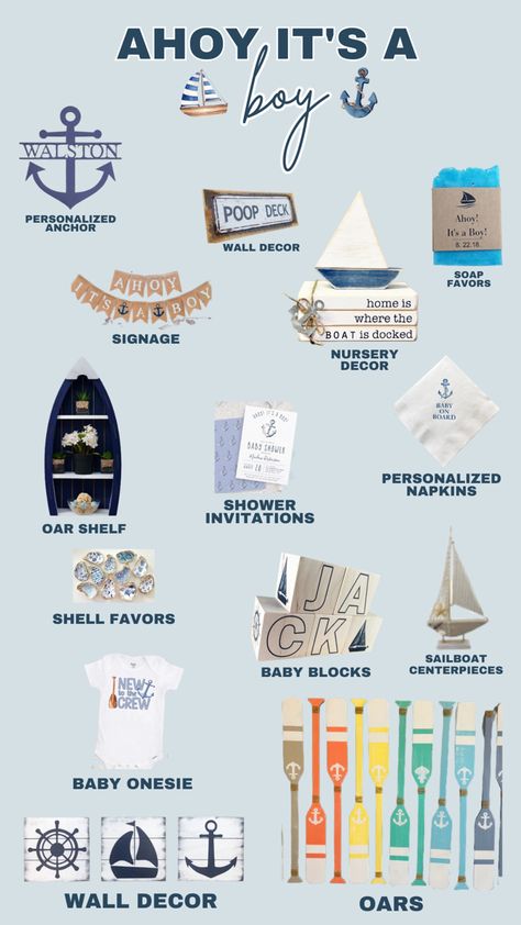 Set sail on a sea of celebration with an Ahoy, It's a Boy nautical baby shower! We've gathered a treasure trove of must-have products to help you create an unforgettable maritime-themed event. From adorable sailor outfits to seaworthy decorations, our handpicked selection will bring the spirit of the open seas to your baby shower. Explore charming nautical nursery decor, anchor-inspired clothing, maritime baby accessories, and more. Dive into our list of maritime marvels to make your baby shower Nautical Baby Shower Games, Lake Baby Shower Theme, Ahoy It’s A Boy Baby Shower Decorations, Ahoy Its A Boy Baby Shower Ideas, Lighthouse Nursery, Coastal Baby Shower Theme, Nautical Nursery Ideas, Nautical Baby Shower Food, Nautical Baby Shower Ideas