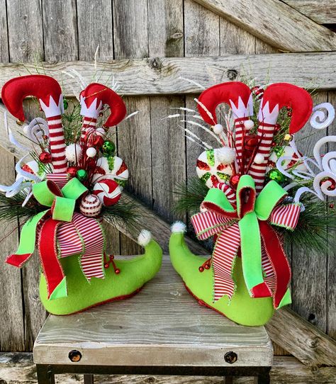 Elf Christmas Decor, Elf Centerpiece Ideas, Elf Christmas Table Decorations, Elf Movie Table Decorations, Elf Table Centerpiece, Elf Legs Decorations, Elf Legs Christmas Wreath, Elf Centerpieces, Elf Legs