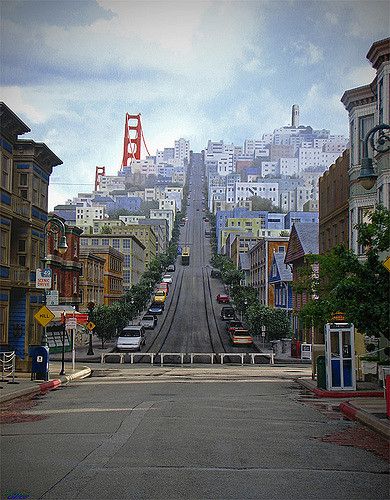 Down one of the streets in Disney's Hollywood Studios (at the time it was MGM Studios) it will seem like walking towards San Francisco. It does look so realistic but the road is only 2 metres (6 feet) deep. Amazing work whom ever did it. Fotografi Kota, The Golden Gate Bridge, San Francisco City, San Francisco Travel, Pacific Coast Highway, Exotic Places, San Fran, Pompeii, San Francisco Bay