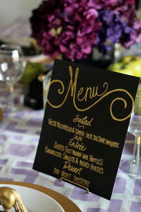 DIY menu sign by PartiesforPennies.com #entertaining #tablescape Diy Menu Cards Crafts, Prom Dinner Menu Ideas, Gold Table Setting Ideas, Black Gold Table Setting, Party Menu Design, Menu Card Ideas, 50th Birthday Dinner, Diy Menu Cards, New Years Dinner Party