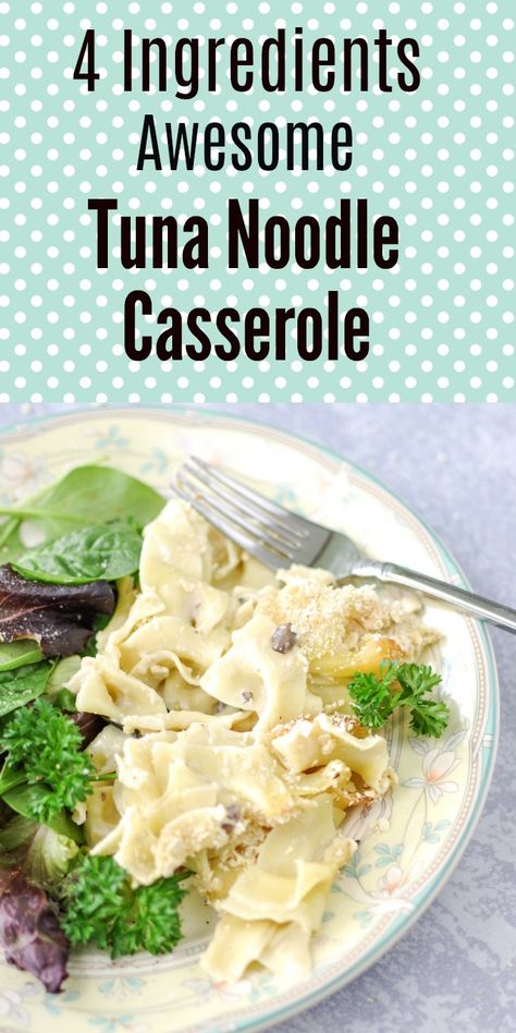 Classic comfort food Tuna Noodle Casserole is a delicious & creamy family dinner recipe that uses only 4 ingredients. 4 ingredients that are easy to keep stocked in your kitchen for when you just do not want to cook but you want your family to have a hot homemade meal. This family friendly casserole is made with traditional cream of mushroom soup and perfect for a quick & easy dinner. #easydinner #quickdinner #tunanoodle #dinnercasserole #tunanoodlecasserole. Tuna Noodle Casserole Easy, Quick Easy Casseroles, Easy Mushroom Soup, Recipes Tuna, Easy Comfort Food Dinners, Family Dinner Recipe, Tuna Casserole Recipes, Tuna Noodle, Tuna Noodle Casserole