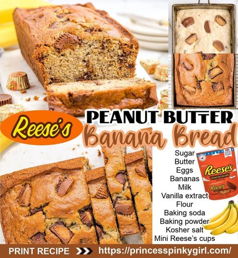 Nourish Plate - REESE'S PEANUT BUTTER CUP BANANA BREAD... Peanut Butter Cup Banana Bread, Cup Banana Bread, Peanut Butter Banana Bread Recipe, Butter Banana Bread, Reese's Peanut Butter Cup, Peanut Butter Banana Bread, Banana And Egg, Peanut Butter Candy, Fruit Bread