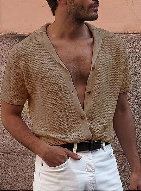 Shirts With Holes, Lapel Top, Knit Men, Mode Casual, Cardigan Shirt, Short Sleeve Cardigan, Spring Shirts, Knitted Cardigan, Short Sleeve Button Up