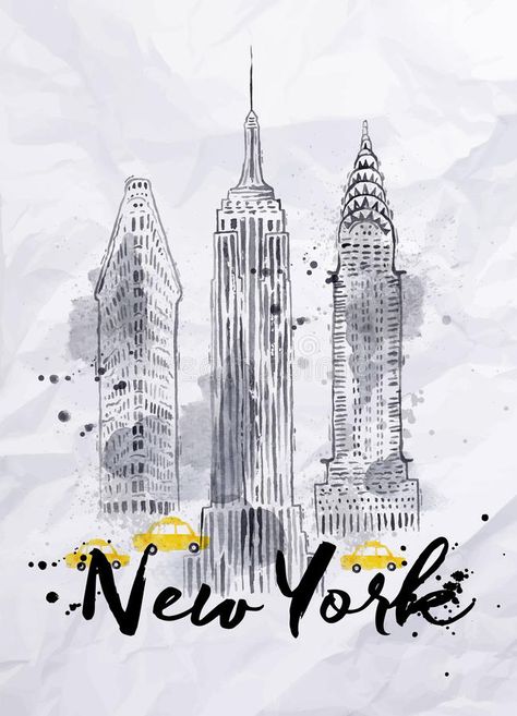 New York Drawing, New York Illustration, New York Buildings, Liberty New York, New York Graffiti, New York Night, Crumpled Paper, Chrysler Building, Free Art Prints