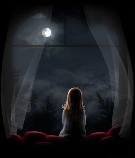 Girl looking out at the full moon! الفن الرقمي, Creedence Clearwater Revival, Unbelievable Facts, Good Night Moon, Art Et Illustration, Beautiful Moon, The Night Sky, Moon Art, Pics Art