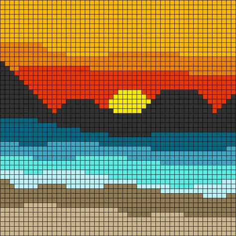 Nature Pixel Art, Image Pixel Art, Crochet Wall Art, Mountains Sunset, Motifs Perler, Crochet Wall Hangings, Pixel Crochet, Graph Paper Art, Tapestry Crochet Patterns