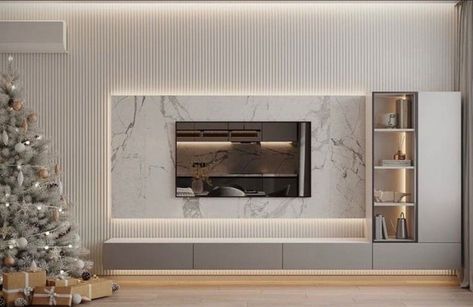 Marble Finish Tv Unit, Tile Behind Tv Wall, White Marble Tv Wall, Marble Tv Unit Living Rooms, Tv Wall Tiles Design, Tv Wall Design White, White Tv Wall Design, White Marble Tv Unit, Tv Unit Marble Design