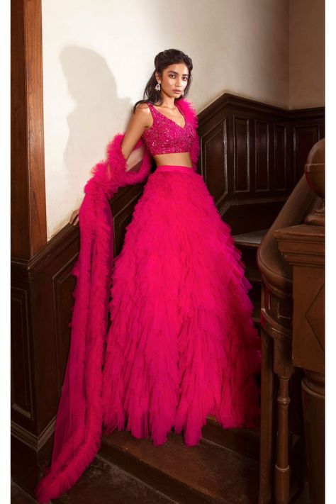 Hot Pink Indian Dress, Hot Pink Cute Outfits, Dark Pink Dress Indian, Ruffle Gown Indian, Hot Pink Indian Outfit, Hot Pink Lengha, Ruffle Lehenga Designs, Pink Traditional Dress, Pink Indian Outfit