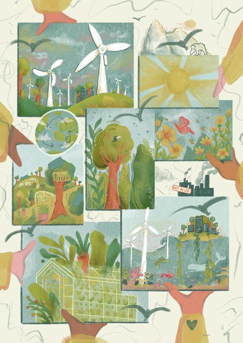 Illustrated Poster, Eco Friendly Art, Sketch Pencil, Sustainable Future, Editorial Illustration, Wind Turbine, Poster Design, Jade, Illustrator