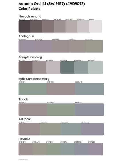 Sherwin Williams Autumn Orchid (SW 9157) Paint coordinating colors and palettes Orchid Sherwin Williams, Xanadu Color, Xanadu Aesthetic, Draw A Hexagon, Analogous Color Scheme, Rgb Color Codes, Split Complementary Colors, Rgb Color Wheel, Monochromatic Color Palette